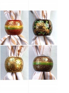 Wooden black lacquer folk art napkin rings set of 4